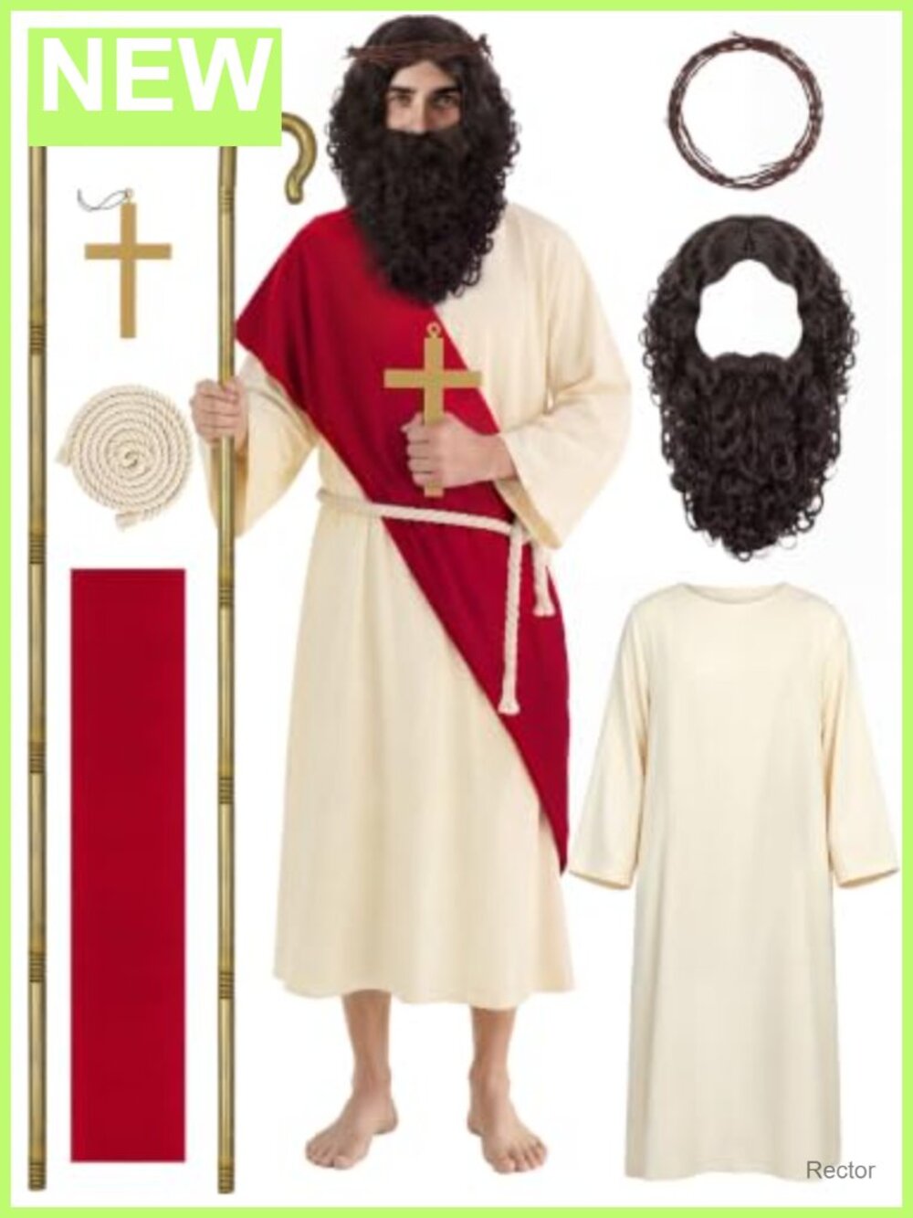 7pc Jesus Costume Men Biblical Robe Wig Staff Set Religious Outfit